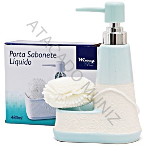PORTA SABONETE LIQUIDO DE PORCELANA 260ML E ESPONJA COLORS NA CAIXA